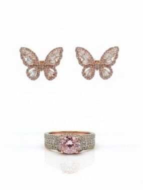 SJD 925 Sterling Rose Gold Flash Silver Butterfly Ring & Stud Earrings Set